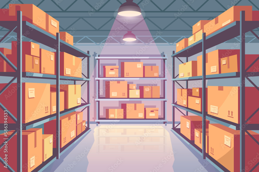 Room in warehouse concept. Large room with parcels and cardboard boxes