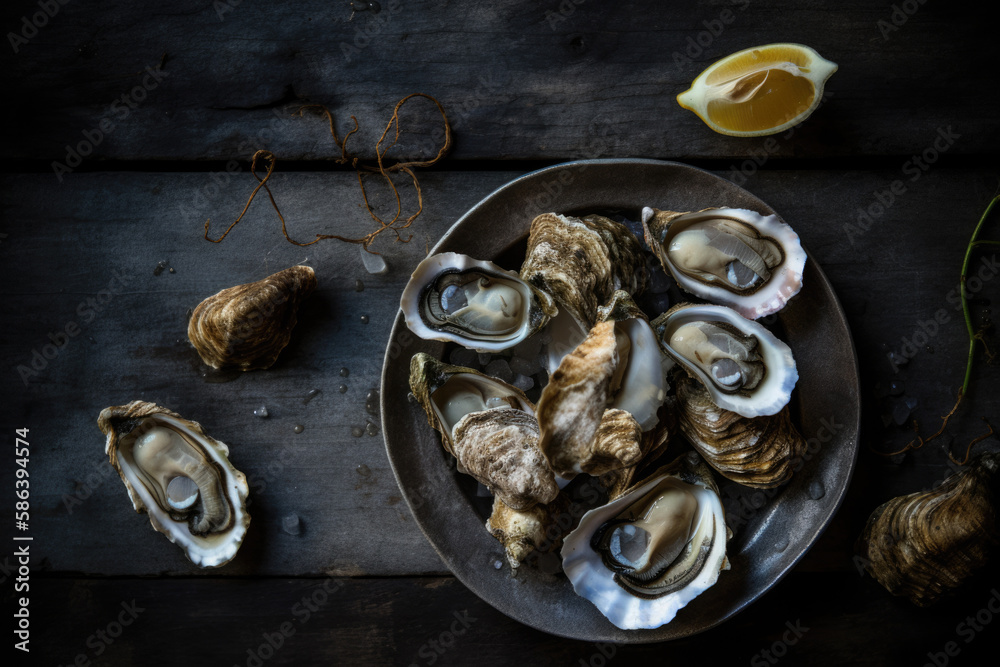 Fresh Oysters on Rustic Wooden Table