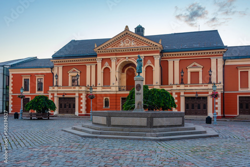 Sunset view of drama theatre in Lithuanian town Klaipeda photo