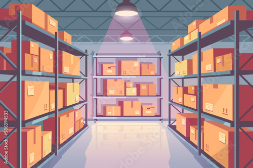 Room in warehouse concept. Large room with parcels and cardboard boxes on shelves under lamps. Logistics and transportation. Storage or archive at factory. Cartoon flat vector illustration