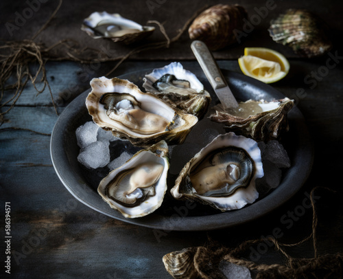 Fresh Oysters on Rustic Wooden Table
