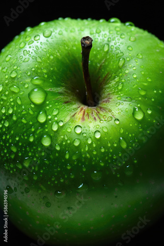 Macro Shot of Delicious Green Organic Apple with Water Drops