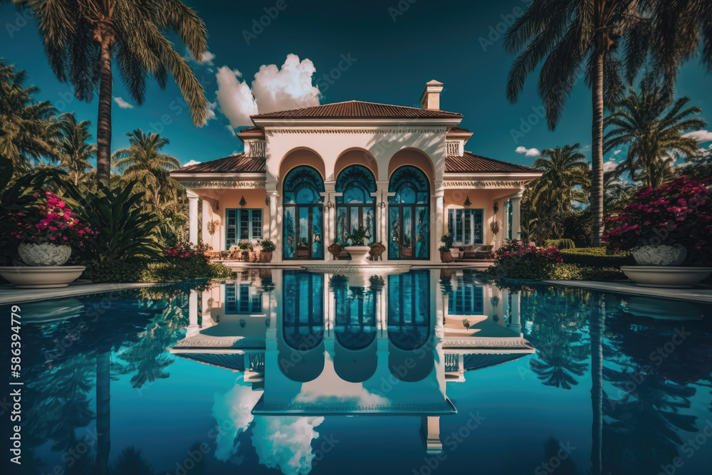 small elegant villa in a tropical setting, large pool with blue water and palm trees on the edge created with Generative AI technology