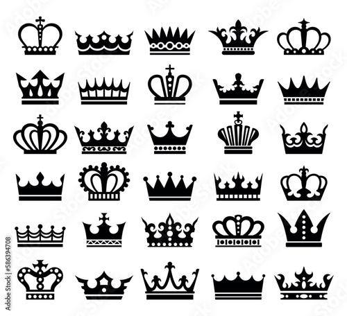 Crown icons set. Collection of luxury logo. Aristocracy, kingdom and monarchy, symbol of government and royal family. King and queen. Cartoon flat vector illustrations isolated on white background