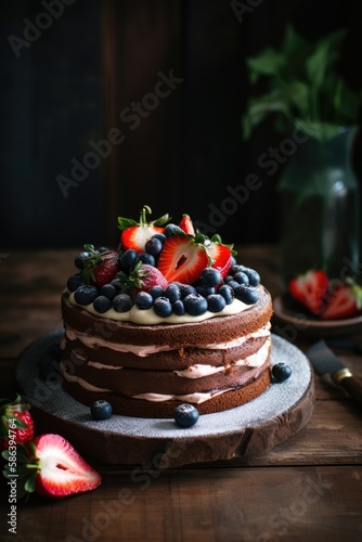 Rustic style image of Cake with Fresh Strawberries and Blueberries © DVS