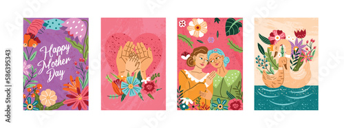 Happy mothers day set. Collection of design for greeting card. Posters with hugging swans, mother and daughter, spring flowers and palms. Cartoon flat vector illustrations isolated on white background