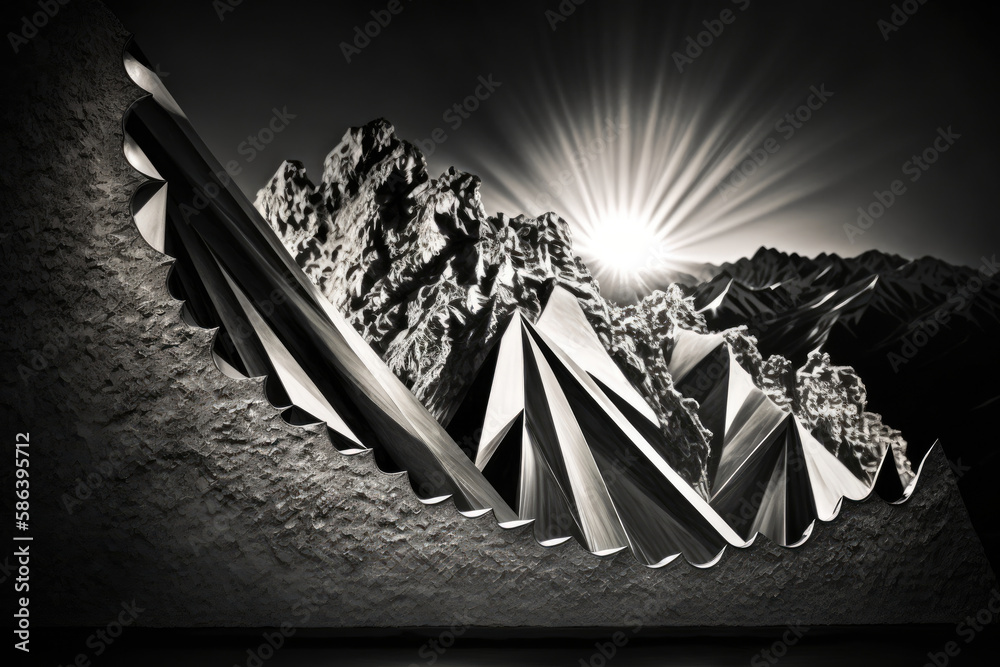 beautiful abstract black and white illustration of a mountain, the sun ...