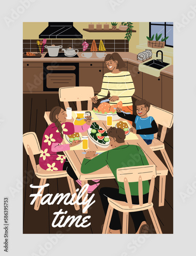 People in everyday. Man and woman with their son and daughter sitting at table with vegetables and meat. Happy family at lunch and dinner. Parents with children. Cartoon flat vector illustration
