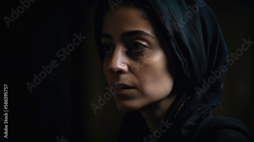 Sad middle eastern young woman wearing a chador in a dark environment. Generative AI