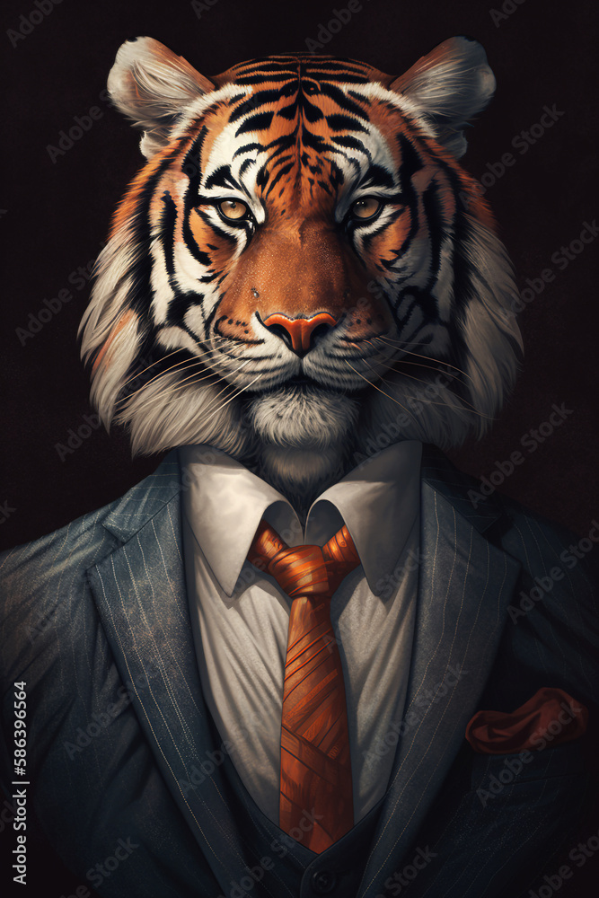 Surrealism Tiger with hat and bow ties illustration
