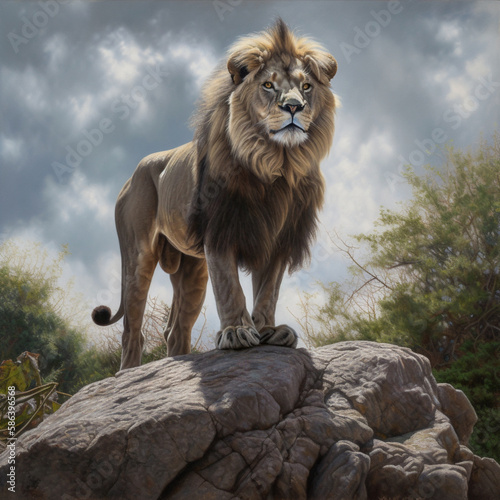 Realistic lion on the rock illustration