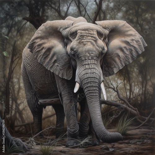 Realistic elephant in the forest illustration