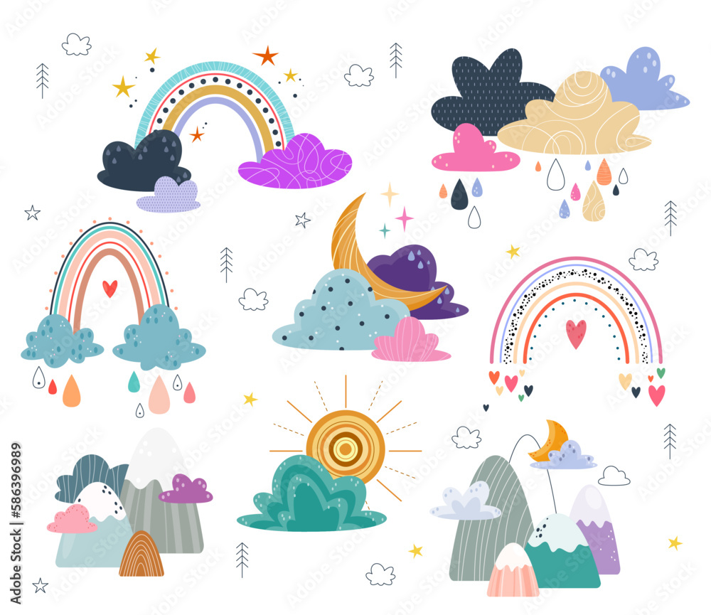 Set of drawings in scandinavian style. Collection of rainbow, cloud and crescent. Patterns for print on textile, fabric and kids clothes. Cartoon flat vector illustrations isolated on white background Set of drawings in scandinavian style. Collection of rainbow, cloud and crescent. Patterns for print on textile, fabric and kids clothes. Cartoon flat vector illustrations isolated on white background