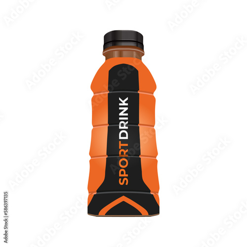 Realistic sport drink bottle in orange and black color packaging, vector illustration in trendy flat 3d design style. Popular world sport drink with orange mango. Editable graphic resources.