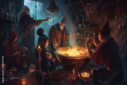 A group of wizards gathered around a cauldron