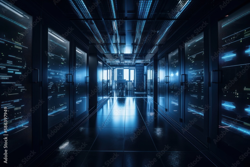 A sleek and modern server room, filled with rows of racks and towering computer servers