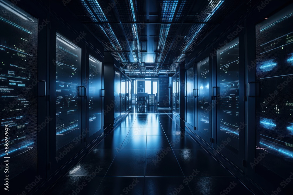 A sleek and modern server room, filled with rows of racks and towering computer servers A sleek and modern server room, filled with rows of racks and towering computer servers