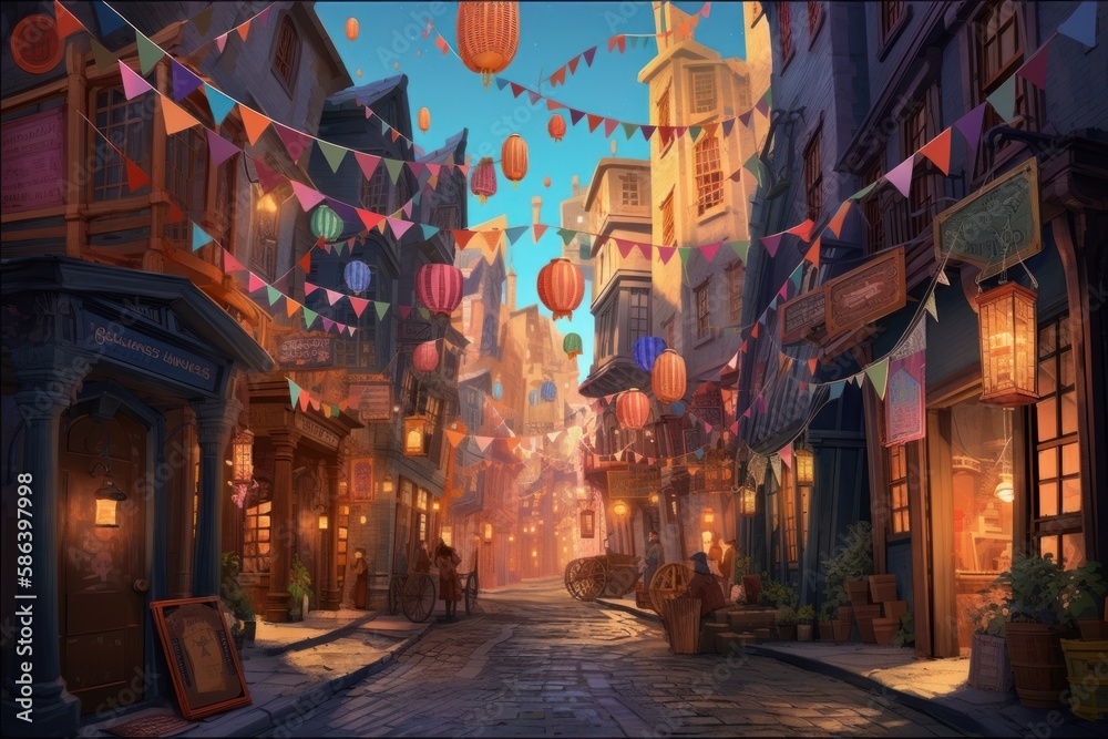 Naklejka premium A wizarding alley filled with floating lanterns