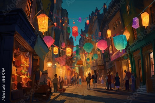 A wizarding alley filled with floating lanterns