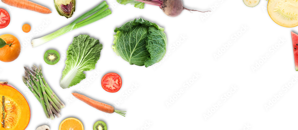 Collage with many vegetables and fruits on white background, top view Collage with many vegetables and fruits on white background, top view