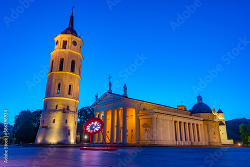 Saint Stanislaus cathedral in the lithuanian capital vilnius during night. photo