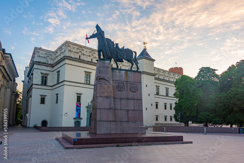 Grand Duke Gediminas statue seen on Katedros Square in Vilnius, Lithuania. photo