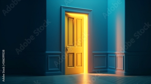 3d render, yellow light going through the open door isolated on blue background Generative AI