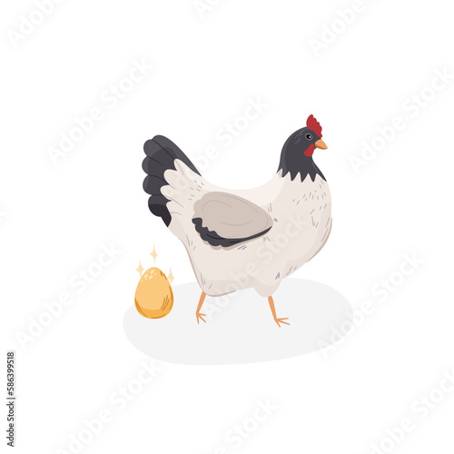 Czarno-biała kura znosząca złote jajka. Kurczak - widok z boku. Ilustracja wektorowa.