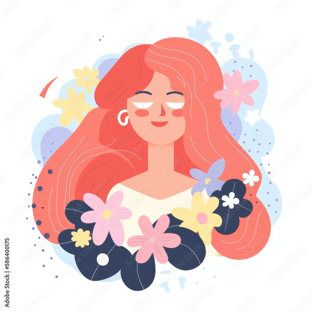 Vector style illustration. Summer Redhead Girl with long beautiful flowing hair, Flower, petals. Generative ai. Vector style illustration. Summer Redhead Girl with long beautiful flowing hair, Flower, petals. Generative ai.