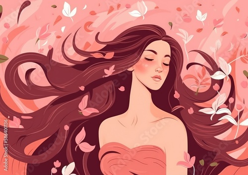 Vector style illustration. Summer Girl with long beautiful flowing hair  Flower  petals. Generative ai. Pink Background