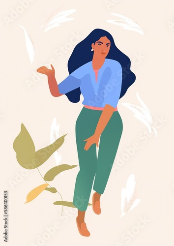 Vector style illustration. Summer Girl with long beautiful flowing hair, Flower, petals. Generative ai. photo