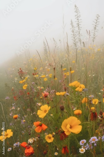 A beautiful spring or summer meadow with wildflowers and a soft misty white sky with space for text. Generative AI. 