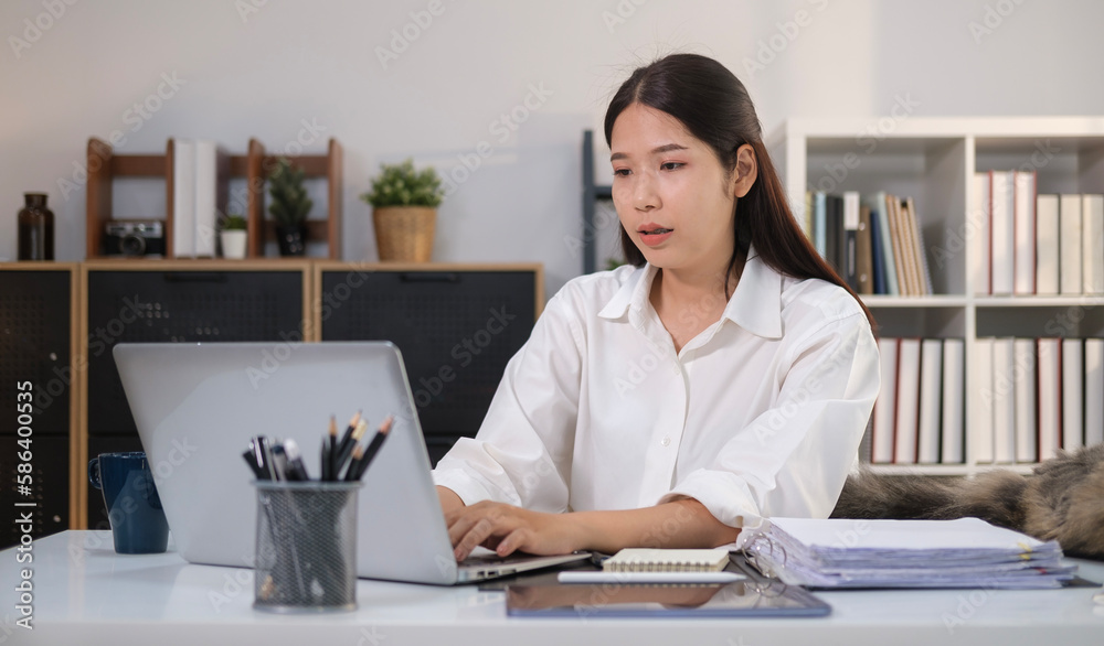 Image of beautiful Asian female entrepreneur using laptop planning work projects at workplace. Image of beautiful Asian female entrepreneur using laptop planning work projects at workplace.