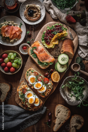 Flat lay Danish open faced sandwiches at a wooden breakfast table with assorted condiments. Generative AI.