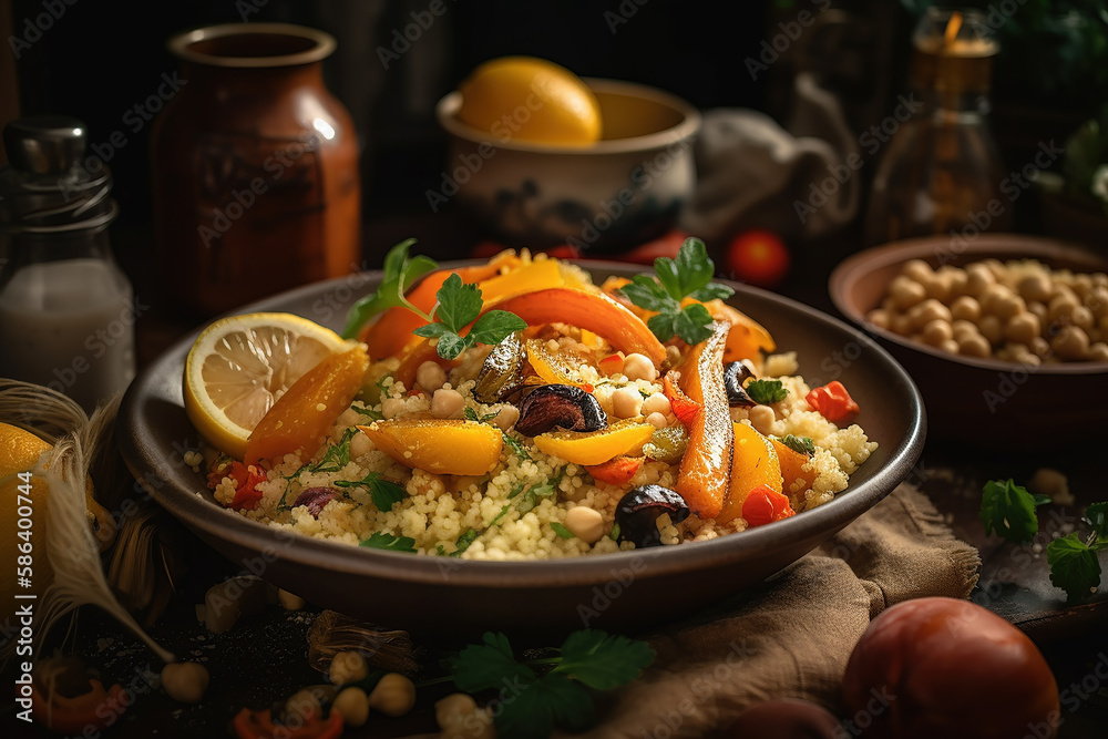 Moroccan couscous with roast vegetables cooked in a tagine.  Generative AI.