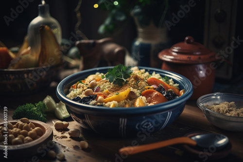 Moroccan couscous with roast vegetables cooked in a tagine.  Generative AI.