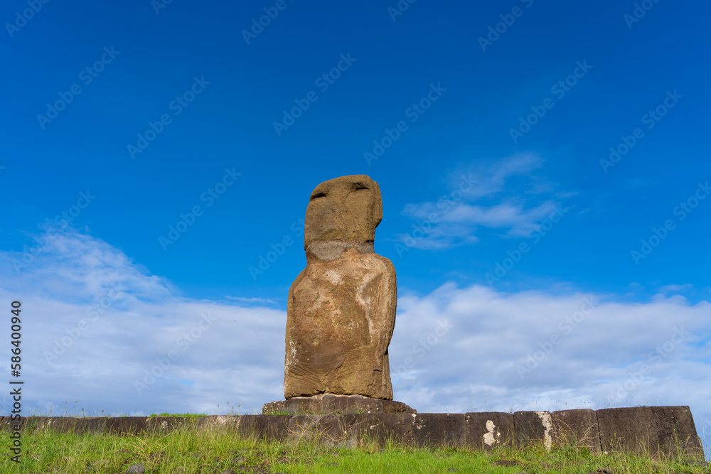 Moai of Ahu Ature Huki at Anakena Beach on Easter Island, Chile. Moai