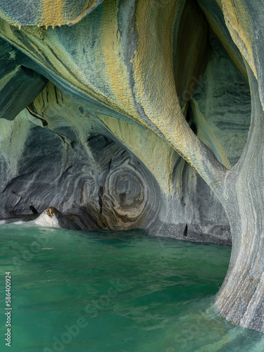 Marble Caves (Marble Cathedral), Puerto Rio Tranquilo, Aysen, Chile. The Marble Caves is a 6,000-year-old sculpture hewn by the crashing waves of Lake General Carrera of Patagonia. 