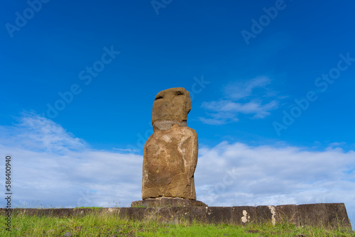 Moai of Ahu Ature Huki at Anakena Beach on Easter Island, Chile. Moai of Ahu Ature Huki was the first to be raised again in modern times on Easter Island. photo