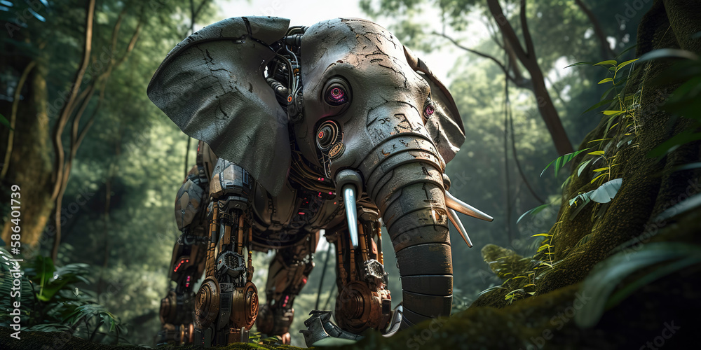 Fototapeta premium Cyborg elephant in the jungle, a testament to technology and nature's harmony, Generative AI