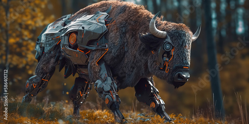 Majestic cyborg bison roaming the plains, blending nature and technology. Generative AI