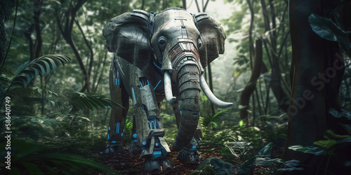 Awe-inspiring cyborg elephant roaming the jungle landscape. Generative AI photo