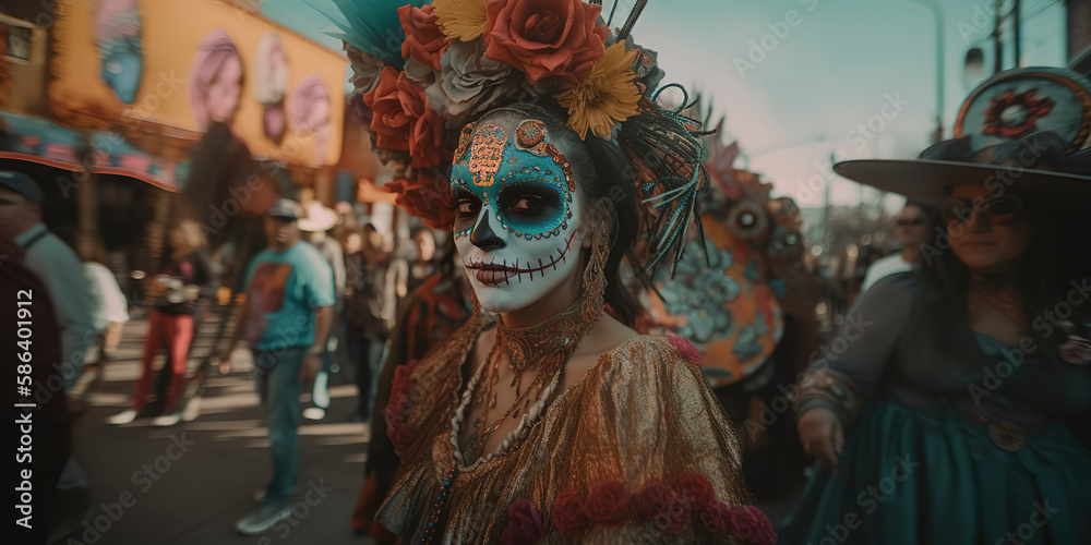 Vibrant street celebration for Dia de los Muertos. Generative AI