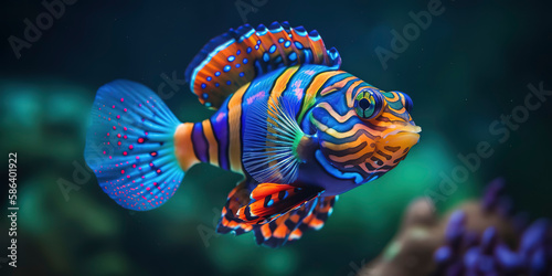 Majestic Mandarin fish in a vibrant underwater scene. Generative AI © Lemart