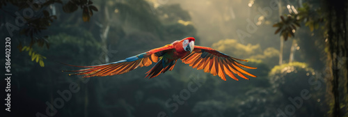 Scarlet macaw flying majestically over the lush Amazon Rainforest. Generative AI