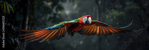 Awe-inspiring scarlet macaw soaring high above the Amazonian canopy. Generative AI
