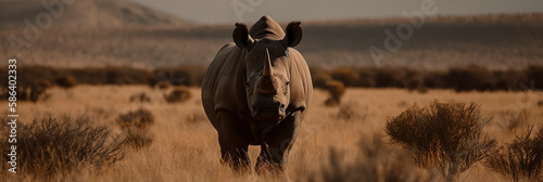 Majestic white rhino grazing in the vast savannah landscape. Generative AI
