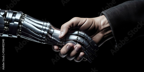 Business collaboration: handshake between a human hand and a cyborg's. Generative AI