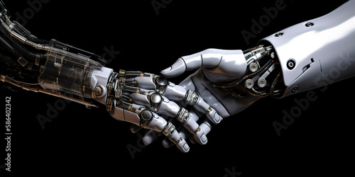 Futuristic partnership handshake between a human and a cyborg hand. Generative AI