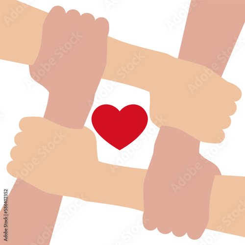 4 hands together holding each other. Red heart in the center. Vector